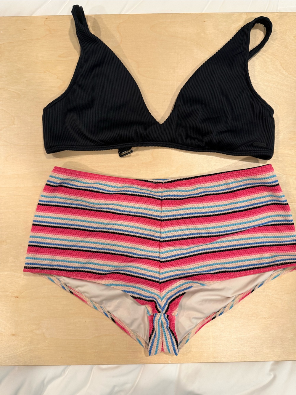 Roxy Pink Multi Striped High-Neck Bikini Top with Black Bottoms